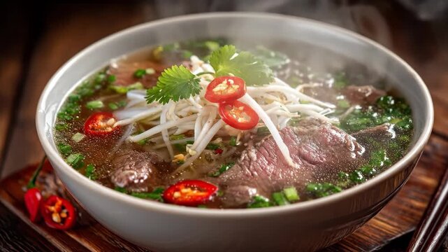 Steaming bowl of authentic Vietnamese beef pho with fresh herbs and chili.