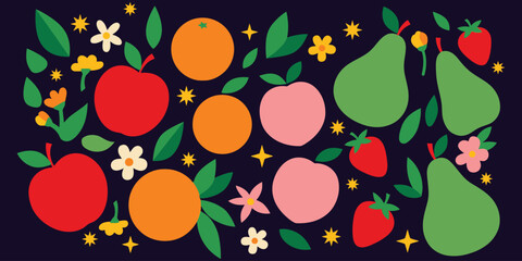 Colorful fruit seamless pattern vector background with apples, oranges, peaches, pears, strawberries, leaves and flowers illustration © Pronob Kumar Ray