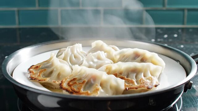 Delicious steaming dumplings cooking in a pan with a beautiful teal backsplash in the background