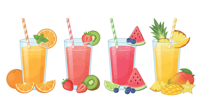 Fruit smoothies in glasses colorful vector illustration on white background