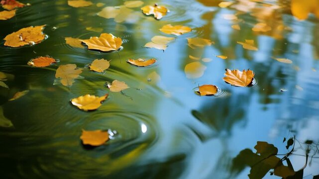 Golden autumn leaves floating on tranquil water surface creating concentric ripples with blue sky and tree reflections in a calm and peaceful seasonal nature scene