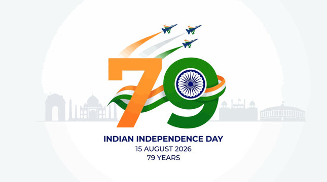 Indian Independence Day 79th anniversary vector, 15 August 2026 celebration banner with fighter jets, tricolor flag number 79 and national landmarks