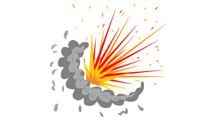 Bright yellow and red comic explosion with grey smoke on a black background © Dilshad