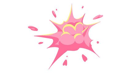 Pink cartoon explosion blast with flying droplets on a black background © Dilshad