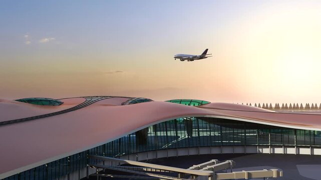 A civil airliner flies over the airport.