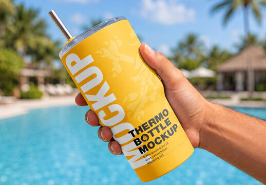 Insulated Tumbler in Hand Poolside Mockup