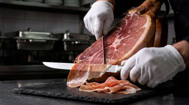 Chef hands in white gloves carving whole jamon leg on jamonera stand