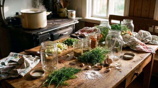 Messy kitchen table with empty jars and scattered spices for homemade preservation.