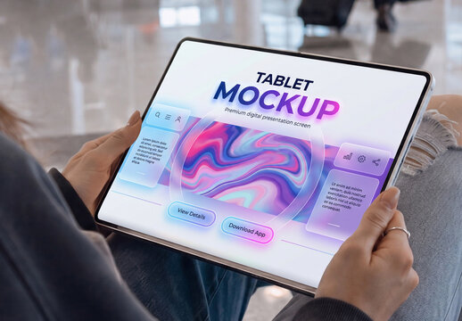 Tablet Held at Airport Terminal Mockup