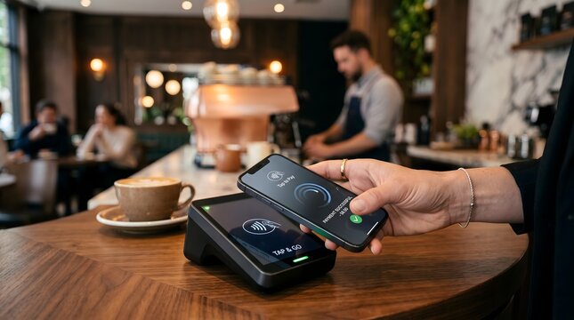 Customer making contactless mobile payment with smartphone at cafe counter