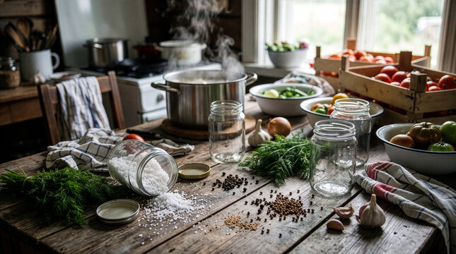 Messy kitchen table with empty jars and scattered spices for homemade preservation.