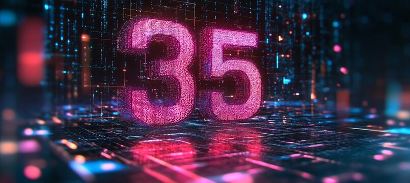 Neon Digital Number 35 Glowing On Futuristic Circuitry Science Finance Web Technology Illustration
