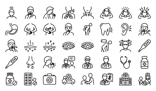 Common Illnesses Thin Line Icon Set Featuring Symptoms, Diagnosis, Prevention and Healthcare Symbols