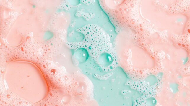 Soft pastel colors blend as bubbles rise in pink and turquoise, creating a lively texture reminiscent of a playful bath experience