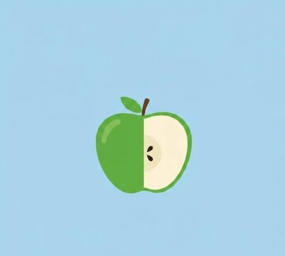green apple vector illustration,Minimalist Green Apple Cut in Half Vector Illustration, Cute Cartoon Sliced Green Apple Icon with Seeds, Flat Design Fruit Clipart on Light Blue Background.