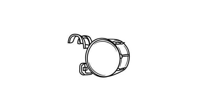 A clean black outline vector illustration of a marching bass drum, complete with a shoulder harness frame