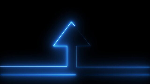 A Glowing arrow icon neon line of sign icon and Neon up direction arrow icon glowing blue color animation on black background.