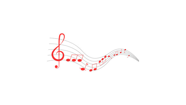 A dynamic vector illustration featuring bright red musical notes and a bold treble clef ascending across a curving staff