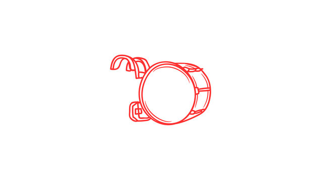 A clean red outline vector illustration of a marching bass drum complete with a shoulder harness frame