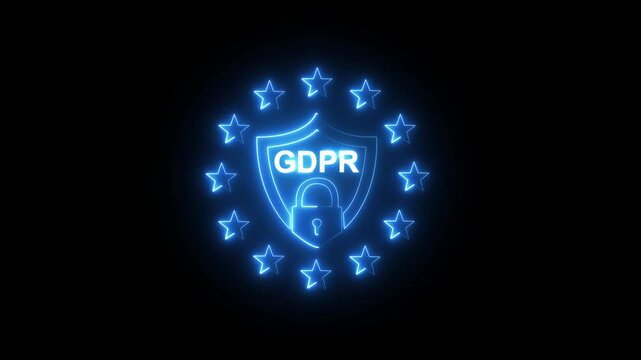 glowing neon EU GDPR icon animation. GDPR icon background animation. General data protection regulation sign with Eu stars around text. GDPR abstract motion design. Privacy alert. 4k video