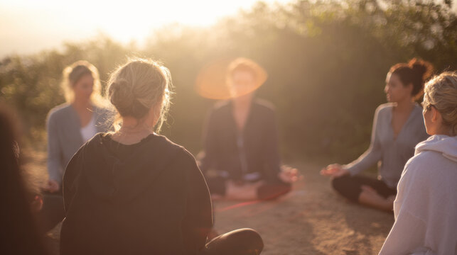 Group of people practicing yoga outdoors during sunset in a natural setting