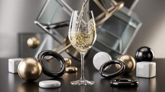 Pouring white wine into glass with bubbles