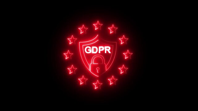 glowing neon EU GDPR icon animation. GDPR icon background animation. General data protection regulation sign with Eu stars around text. GDPR abstract motion design. Privacy alert. 4k video