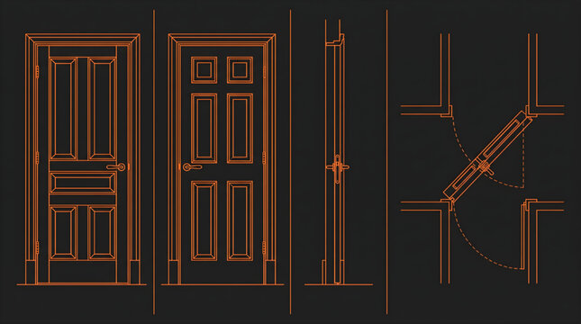 Hallway Double Door Detailed Drawing Vector Set Multi View Architectural CAD Blueprint Orange Outline on Black Background