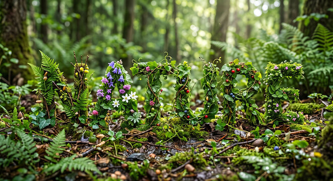 The word Nature organically formed by green leaves and wildflowers on a forest floor