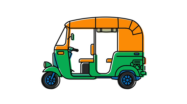 Colorful auto rickshaw vector illustration, green and orange tuk tuk taxi side view, traditional three-wheeled rickshaw vehicle for asian travel concepts