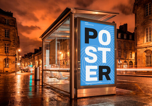 Bus stop billboard mockup at night