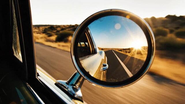 Driving into the Sunset: A Classic Car's Side Mirror View of a Desert Road Adventure