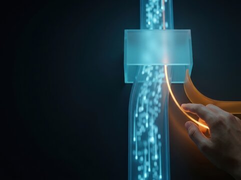 Human override redirects an amber exception signal from automated AI data flow into a controlled alternate path with dark copy space