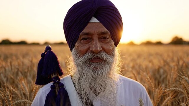 Elderly Sikh farmer in turban in golden wheat field at sunset, wisdom, tradition