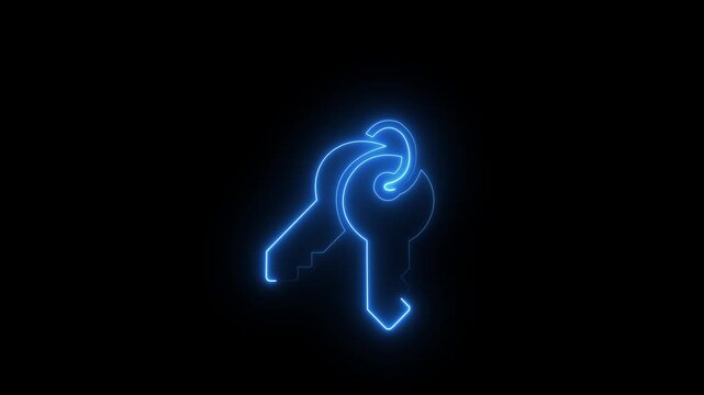 Futuristic neon glowing key symbol placed over a digital card on a black background. Perfect concept for data protection, cyber security, password access, encryption.neon key icon .key icons 4K video