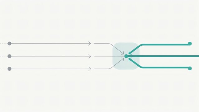 Minimalist vector illustration showing three parallel lines converging into a central point and branching out into three distinct pathways on white background