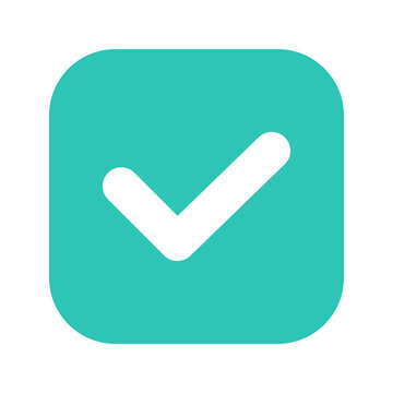 Minimalist teal square icon with white checkmark for status approval and task completion.