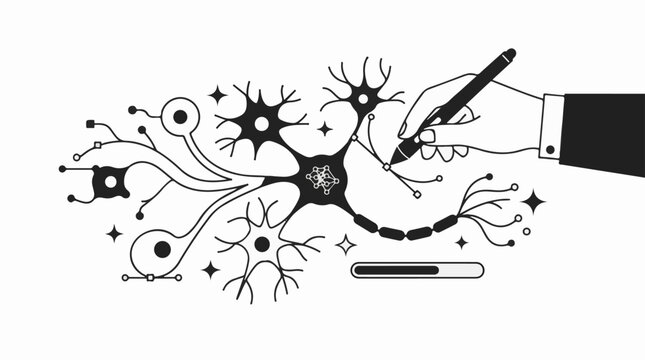 Stylized neurons and synapse connections being drawn by a hand
