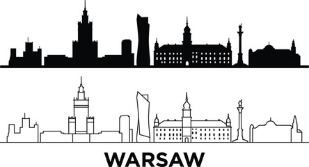 Fototapeta premium Black and White Skyline of Warsaw with Palace of Culture and Modern Skyscrapers
