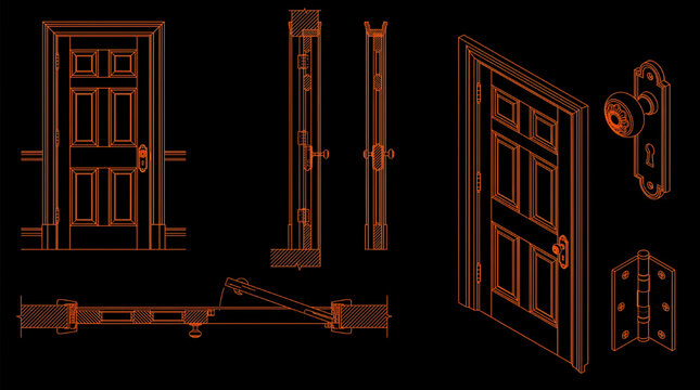 Hallway Door Front and Side View Outline Drawing Vector Set Multi View Architectural CAD Blueprint Orange Line Art on Black Background