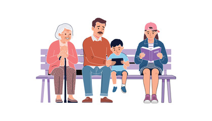 Obraz premium Multigenerational family sitting on a bench together with grandmother father son playing on phone and teenage girl reading book vector illustration