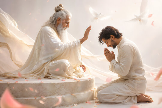 Guru purnima spiritual teacher blessing kneeling disciple in serene white setting with flying doves and petals during hindu religious festival celebration concept artwork