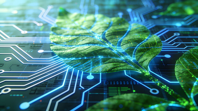Close up of green leaf integrated with futuristic electronic circuit technology