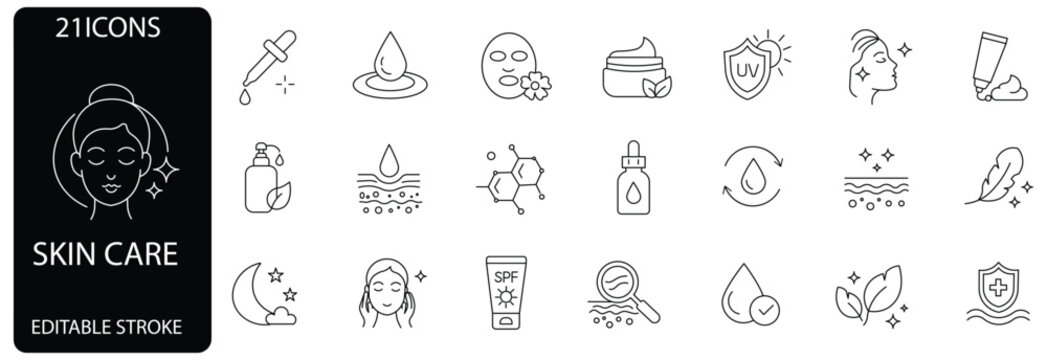 Skin care icons set. Containing Moisture cream, acid, anti wrinkle serum, ceramide, collagen, retinol compound, sunscreen. face mask,night care.Editable stroke vector. 