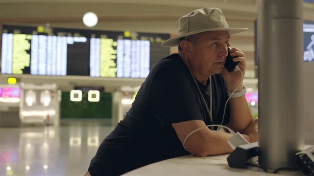 Senior male tourist talking on smartphone in airport terminal