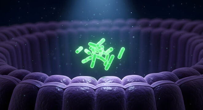 Microscopic view of glowing green bacteria colonizing a biological surface with a textured purple background.