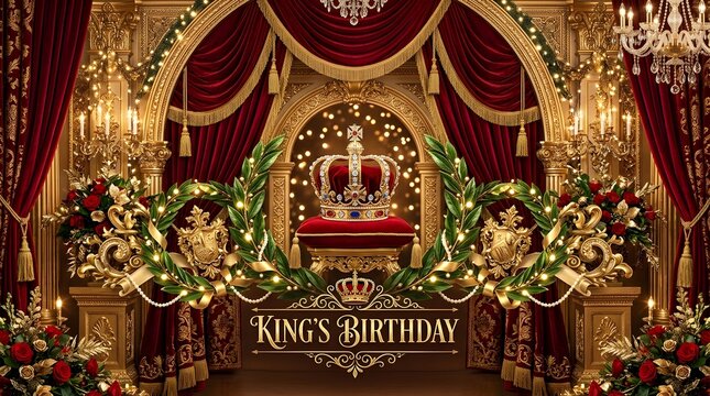 Royal throne room with crown, red velvet curtains, and gold garland