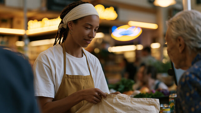 A grocery bagger at a checkout counter carefully layers produce over heavier canned goods in a reusable fabric bag while an elderly customer watches, neon aisle signage reflected