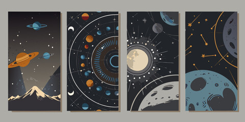 Retro space scenes with planets moons and constellations a vector illustration series astronomy © Biplab
