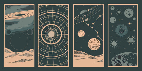Planetary scenes and celestial grid pattern a set of four illustrated panels in muted tones © Biplab